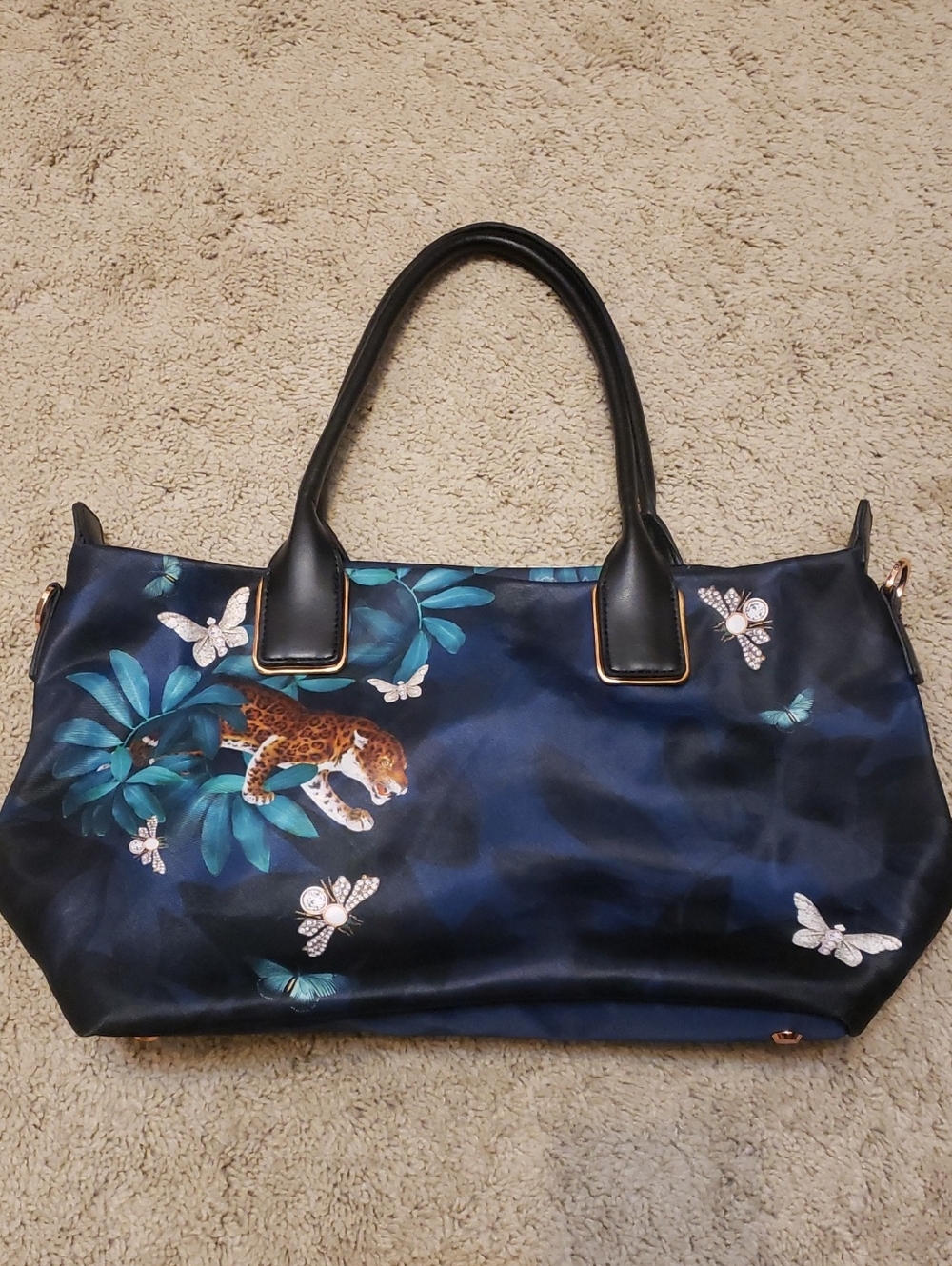 Ted Baker Navy Satin Tote with Botanical, Leopard & Butterfly Motif